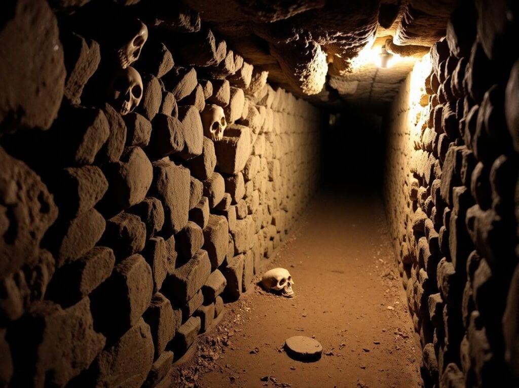 Strange and dark passageway in the catacombs of Paris