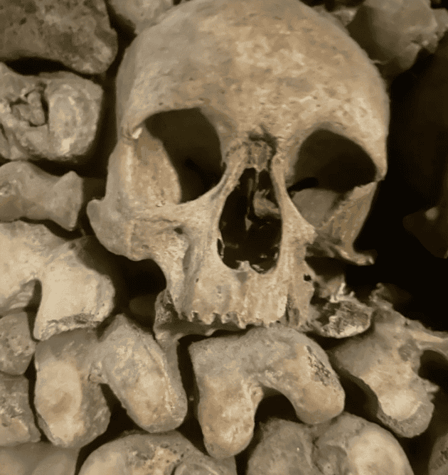 Impressive skull in a corner of a corridor in the Paris catacombs