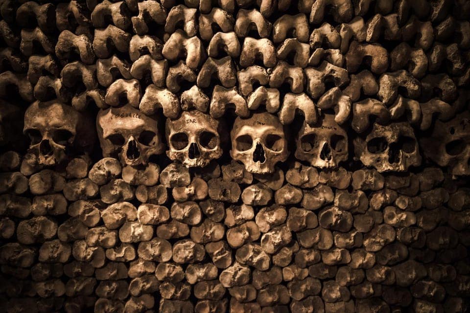 Skull Bones stacked in the wall inside the Catacombs of Paris